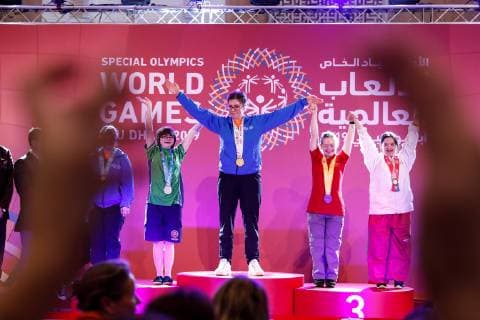 March 17, 2019 - Abu Dhabi, United Arab Emirates - Crowd cheers when athletes receive their medals during declaration ceremony at the Special Olympics World Games in Abu Dhabi National Exhibition Centre. Special Olympics is a worldwide organization which organize sports competitions for people with learning difficulties. Summer World Games take place every 4 years. 7500 athletes from nearly 200 countries compete in 24 Olympic disciplines in Abu Dhabi Games in 2019. Special Olympics In Abu Dhabi 2019  - ZUMAn230 20190317_zaa_n230_740 Copyright: xDominikaxZarzyckax