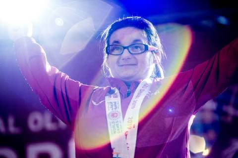 March 17, 2019 - Abu Dhabi, United Arab Emirates - Athlete from Poland shows her emotions when receiving their medals during declaration ceremony at the Special Olympics World Games in Abu Dhabi National Exhibition Centre, United Arab Emirates on March 17, 2019. Special Olympics is a worldwide organization which organize sports competitions for people with learning difficulties. Summer World Games take place every 4 years. 7500 athletes from nearly 200 countries compete in 24 Olympic disciplines in Abu Dhabi Games in 2019. Special Olympics In Abu Dhabi 2019  - ZUMAn230 20190317_zaa_n230_729 Copyright: xDominikaxZarzyckax