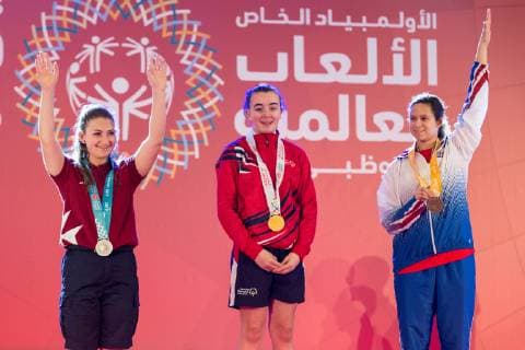 March 17, 2019 - Abu Dhabi, United Arab Emirates - Athletes show their emotions when receiving their medals during declaration ceremony at the Special Olympics World Games in Abu Dhabi National Exhibition Centre, United Arab Emirates on March 17, 2019. Special Olympics is a worldwide organization which organize sports competitions for people with learning difficulties. Summer World Games take place every 4 years. 7500 athletes from nearly 200 countries compete in 24 Olympic disciplines in Abu Dhabi Games in 2019. Opening Ceremony Of Special Olympics 2019 In Abu Dhabi  - ZUMAn230 20190317_zaa_n230_640 Copyright: xDominikaxZarzyckax