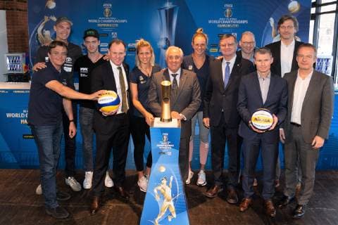 Kick off Press Conference of the World Champs Hamburg FIVB Beach Volleyball World Championships Hamburg 2019 Beach Volleyball World Championships Majors World Championships Matthias Hach CMO of comdirect bank AG Rene Hecht Rene Andy Grote Hannes Jagerhofer Dr Ary Graca Graca Aleksandar ‡ Boricic Axel von Schemm Kick off Press Conference of the World Champs Hamburg FIVB Beach Volleyball World Championships Hamburg 2019 Beach Volleyball World Championships Majors World Championships Hamburg Hamburg Germany Former Hauptzollamt Hamburg