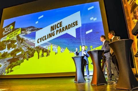 Presentation officelle du grand depart et des deux premieres etapes du Tour de France 2020 - Christian Estrosi (maire de Nice) - Cristian Prudhomme (Directeur du Tour de Francve et des epreuves - Thierry Gouvenou (responsable sportif du Tour de France) - Yann Le Moenner (directeur general d Amaury NEWS : Presentation officielle du grand depart du Tour de France 2020 - Nice - 18 03 2019 NorbertScanella Panoramic 