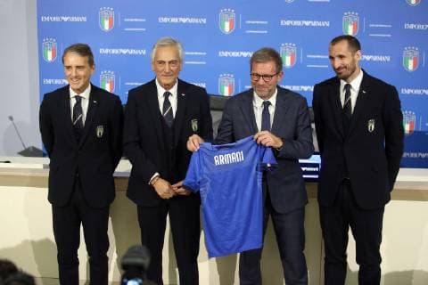 Photo LaPresse - Jennifer Lorenzini 18 March 2019 Firenze (Italy) Soccer Italy Italian Football meeting - "Coverciano" - press conference PK Pressekonferenz Roberto Mancini In the pic: Roberto Mancini, Gabriele Gravina, Giorgio Chiellini  Copyright: xJenniferxLorenzini LaPressex