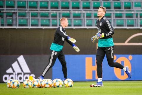 v li Goalkeeper Marc Andre ter Stegen Germany and Goalkeeper Manuel Neuer Deutschland DFB regulations prohibit any use of photographs as image sequences and or quasi video GER Football International match Final training of DFB Team 19 03 2019 Wolfsburg Copyright: xTomxWellerx xEibner-Pressefotox EP_eer