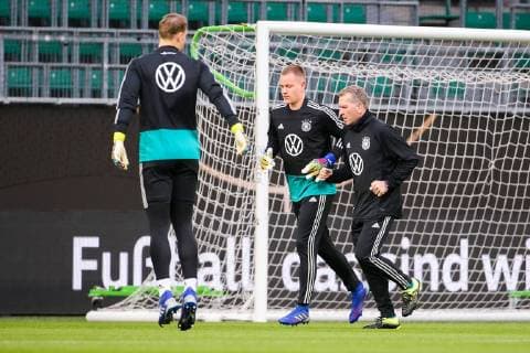 v li goalkeeper Manuel Neuer Deutschland goalkeeper Marc Andre ter Stegen Germany and goalkeeper coach Andreas Koepke Germany DFB regulations prohibit any use of photographs as image sequences and or quasi video GER football international final training of the DFB team 19 03 2019 Wolfsburg Copyright: xTomxWellerx xEibner-Pressefotox EP_eer