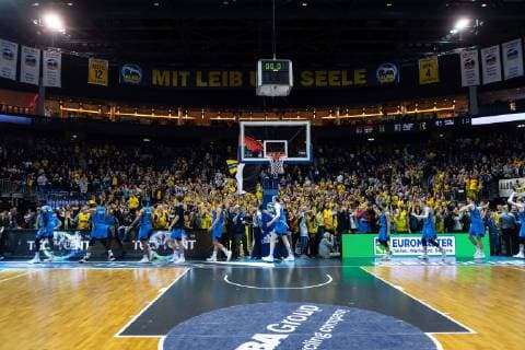Basketball Berlin 19 03 2019 Eurocup semi-final match 1 season 2018 2019 Alba Berlin MoraBanc Andorra Alba fans players thank them lap of honour