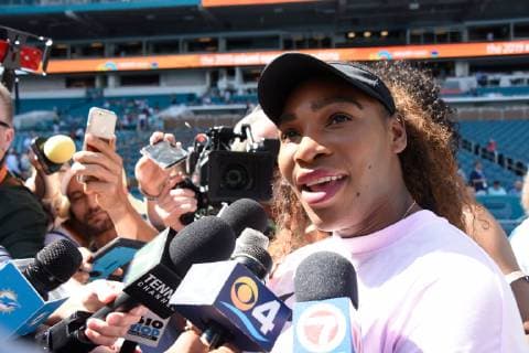 MIAMI GARDENS, FL - MARCH 20: Serena Williams, attends the ribbon cutting for Stadium Court at the Miami Open on March 20, 2019 at Hard Rock Stadium in Miami Gardens, FL. (Photo by Michele Eve Sandberg Icon Sportswire) TENNIS: MAR 20 Miami Open Icon190320112
