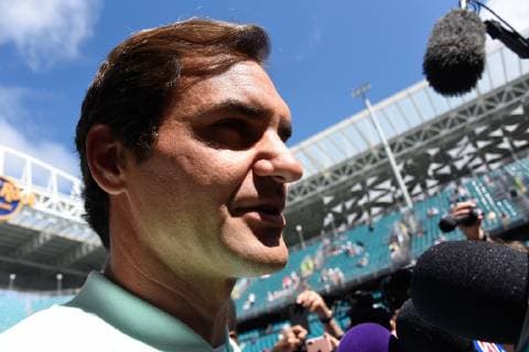 MIAMI GARDENS, FL - MARCH 20: Roger Federer attends the ribbon cutting for Stadium Court at the Miami Open on March 20, 2019 at Hard Rock Stadium in Miami Gardens, FL. (Photo by Michele Eve Sandberg Icon Sportswire) TENNIS: MAR 20 Miami Open Icon190320118