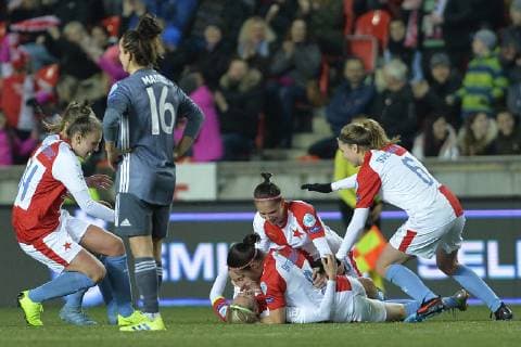 KATERINA SVITKOVA of Slavia (down) celebrates a goal during the UEFA Women s Champions League match Slavia Praha vs Bayern Munich, in Prague, Czech Republic, March 20, 2019. (CTKxPhoto MichaelaxRihova) CTKPhotoP201903201054201  mir 8