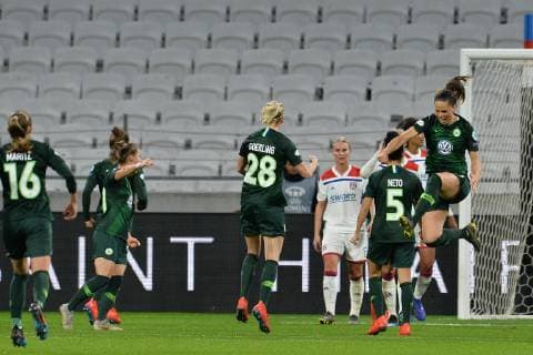 Joie de Sara Bjork Gunnarsdottir et des ses coequipieres (wolfsburg) FOOTBALL : Lyon vs Wolfsburg - 1 4 de finale ligue des champions feminine - 20 03 2019 FredericChambert Panoramic 