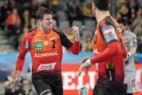 goal scorer Andre Schmid Andy Schmid RNL 2 cheers on a goal jubilation goal jubilation goal success celebrate the goal goal celebration cheers on the goal optimistic game scene highlight single picture action handball champions league Rhine Neckar lions HBC Nantes xozx