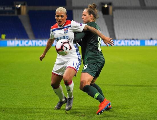 March 20, 2019 - Lyon, Auvergne-RhoÂ ne-Alpes, France - Shanice Van De Sanden of Olympique Lyonnais on the ball against Babett Peter of Vfl Wolfsburg during the UEFA Women s Champions League Quarter final football match between Olympique Lyonnais and Vfl Wolfsburg at Groupama Stadium on March, 20 in Lyon, France. Olympique Lyonnais v Wolfsburg - Women s Champions League  - ZUMAn230 20190320_zaa_n230_538 Copyright: xActionxFotoxSportx