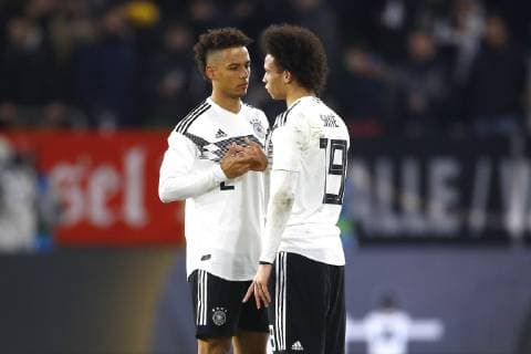 20 03 2019 Volkswagen Arena Wolfsburg Test match Germany GER v Serbia SRB in picture Thilo Kehrer 2 Germany and Leroy Sane 19 Germany after the match Important note The DFB prohibits the use of sequence images on the Internet and in online media during the match including half time Blocking period The DFB permits the publication and further use of the images on mobile devices, in particular MMS, and via DVB H and DMB only after the end of the match Germany v Serbia