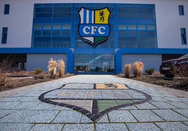 Football Regionalliga Nordost 20 03 2019 Chemnitzer FC CFC The club logo at the stadium on Gellertstraße Chemnitz Sachsen Germany GPS: N 50 50.34 E 12 56.36 53 m 173 feet