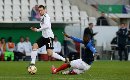 Football Germany Men Season 2018 2019 Stadion Essen International match U21 Germany white France blue Lebin Öztunali GER Fode Ballo Toure FRA Action UEFA REGULATIONS PROHIBIT ANY USE OF PHOTOGRAPHS AS IMAGE SEQUENCES AND OR QUASI VIDEO