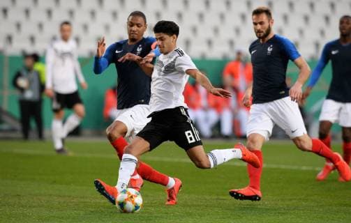 Soccer Germany Men Season 2018 2019 Stadion Essen International U21 Germany white France blue Mahmoud Dahoud GER Abdou Diallo FRA Action UEFA REGULATIONS PROHIBIT ANY USE OF PHOTOGRAPHS AS IMAGE SEQUENCES AND OR QUASI VIDEO