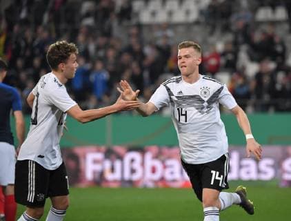 21 03 2019 Football U 21 International match Germany France Jubilation Maximilian Mittelstaedt Maximilian Mittelstädt Germany re and Luca Waldschmidt Germany DFB REGULATIONS PROHIBIT ANY USE OF PHOTOGRAPHS AS IMAGE SEQUENCES AND OR QUASI VIDEO Team2