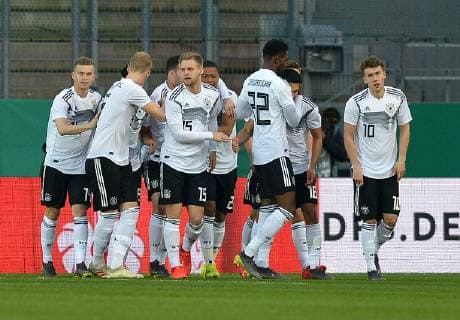 Essen Germany 21 03 2019 U21 National Teams International Friendlies Germany France France cheer for Levin Oeztunali GER after the goal to 1 0 DeFodi521