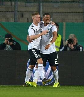 Essen Germany 21 03 2019 U21 National Teams International Friendlies Germany France France cheers for Maximilian Mittelstaedt GER after the goal to 2 0 DeFodi521