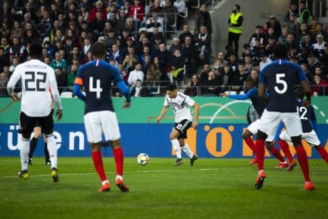 GER LS DFB U21 Germany vs. France 21 03 2019 Stadium Essen Essen GER LS DFB U21 Germany vs. France DFB REGULATIONS PROHIBIT ANY USE OF PHOTOGRAPHS AS IMAGE SEQUENCES AND OR QUASI VIDEO picture shows goalscoring Nadiem Amiri DFB U21 18 nordphotox xRauch nph00251