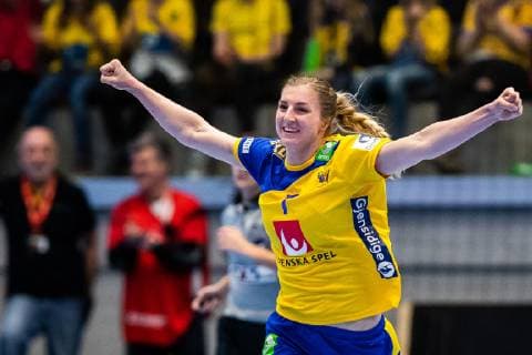 190322 Swedens Linn Blohm rejoices during a national handball match between Sweden and Russia on March 22, 2019 in Eskilstuna,  Copyright: ANDREASxLxERIKSSON BB190322AE005