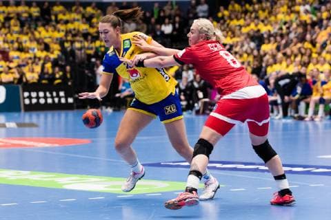 190322 Swedens Mikaela Brass and RussiaAnna Sen during a national handball match between Sweden and Russia on March 22, 2019 in Eskilstuna,  Copyright: ANDREASxLxERIKSSON BB190322AE016