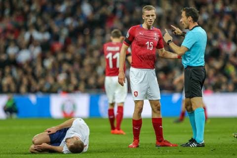 Eric Dier (Tottenham Hotspur) of England lays injured after a tackle by Tomas Soucek (Slavia Prague) of Czech Republic (15) during the UEFA 2020 EURO Qualifier EM Europameisterschaft match between England and Czech Republic at Wembley Stadium, London, England on 22 March 2019. Copyright: xDavidxHornx PMI-2698-0005