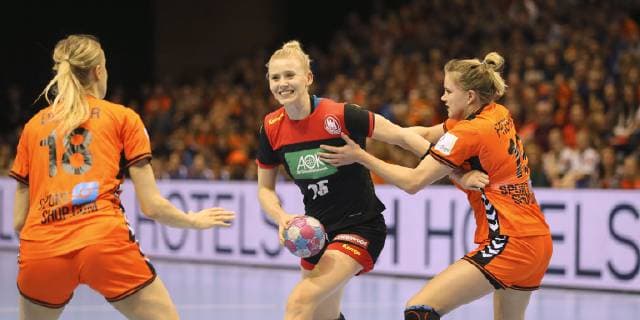 Photo on the ball Kik Naidzinavicius Germany vs. Merel Freriks Handball international on Fr 22 03 2019 in Groningen Netherlands Germany