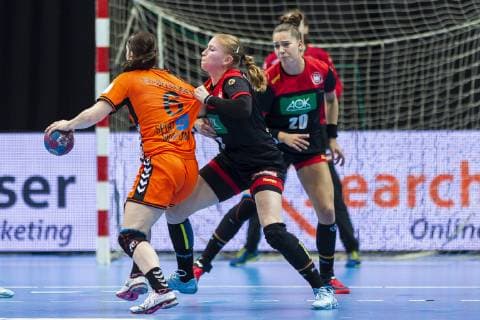 handball women test match Netherlands Germany v left in duel Laura van der Heijden Netherlands Bietigheim and Meike Schmelzer Germany Thuringer HC Groningen MartiniPlaza Arena Netherlands
