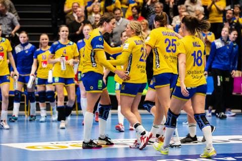 190322 Swedens Carin Strömberg Johanna Forsberg Mikaela Brass and Marie Wall rejoice after a handball match between Sweden and Russia on March 22, 2019 in Eskilstuna,  Copyright: ANDREASxLxERIKSSON BB190322AE027
