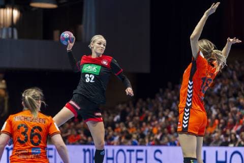 Handball Women Test match Netherlands Germany v li Celine Michielsen Netherlands Evgenija Minevskaja Germany Metzingen Kelly Dulfer Netherlands Groningen MartiniPlaza Arena Netherlands