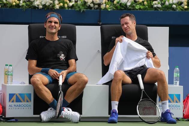 Roger Federer and Philipp Kohlschreiber train together Training Tennis Dubai Tennis Championships 2019 ATP Dubai Duty Free Tennis Stadium Dubai United Arab Emirates 22 February 2019 Copyright: xJuergenxHasenkopfx