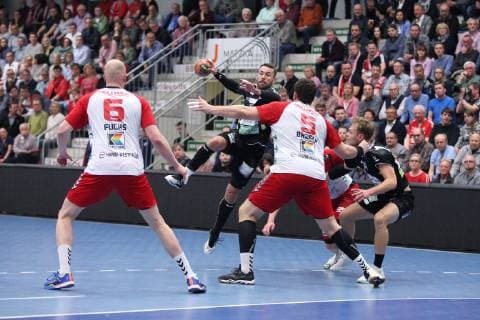 Philipp Poeter HC Rhein Vikings 8 v l Markus Fuchs ASV Hamm Westfalen 6 Jan Brosch ASV Hamm Westfalen 5 Paul Skorupa HC Rhein Vikings 14 ASV Hamm Westfalen vs HC Rhein Vikings Handball 2 Bundesliga 23 03 2019 ASV Hamm Westfalen vs HC Rhein Vikings Handball 2 Bundesliga 23 03 2019 Hamm Copyright: xEibner Jan_Strohdiekx EP_JSK