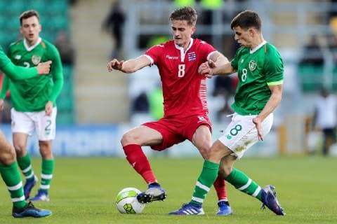 UEFA EURO EM Europameisterschaft Fussball Under 21 Championship Qualifier, Tallaght Stadium, Dublin 24 3 2019 Republic of Ireland vs Luxembourg Luxembourg s Tun Held and Jayson Molumby of Ireland Tun Held and Jayson Molumby 24 3 2019  Copyright: x©INPHO LaszloxGeczox LG1_0130