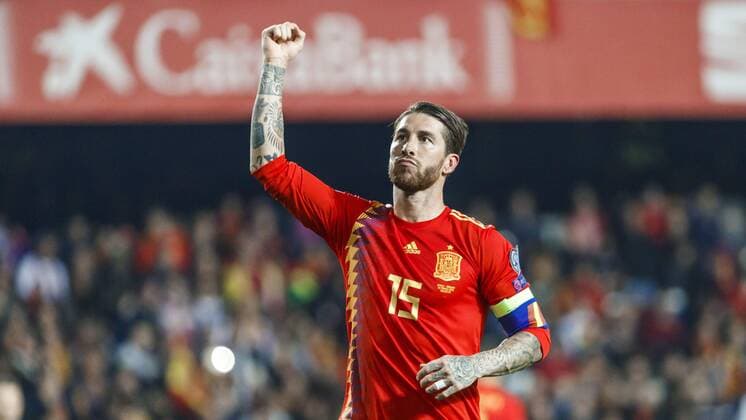 Valencia Spain 23 03 2019 UEFA European Championship Qualification Group F 1 Matchday Spain Norway Sergio Ramos Spain celebrates after scoring his team s second goal DeFodi523