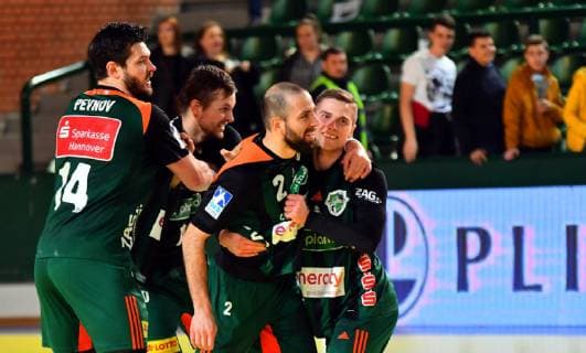 24.03.2019 Bitola Bitolj(North Macedonia) HC Eurofarm Rabotnik-TSV Hannover-Burgdorf EHF Cup group phase men s handball Evgeni Pevnov(L),Urban Lesjak(2L),Torge Johannsen(3L) ,Timo Kastening(4L)TSV Hannover Burgdorf celebrate victory :Str 