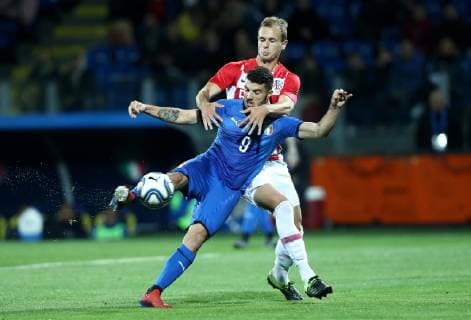 March 25, 2019 - Frosinone, Italy - Patrik Cutrone of Italy and Kalaica Branimir of Croatia during the UEFA friendly foootball match Italy U21 U 21 v Croatia U21 at the Benito Stirpe Stadium in Frosinone, Italy on March 25, 2019. Italy U21 v Croatia U21 - UEFA Friendly  - ZUMAn230 20190325_zaa_n230_225 Copyright: xMatteoxCiambellix