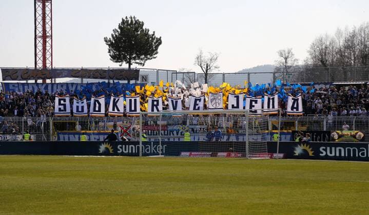 GER 3 League FC Carl Zeiss Jena vs KFC Uerdingen 05 23 03 19 Jena Ernst Abbe Sportfeld GER 3 League Season 2018 2019 30 Matchday FC Carl Zeiss Jena vs KFC Uerdingen 05 in picture Fans Jena Choreography South Curve Jena DFL regulations prohibit any use of photographs as image sequences and or quasi video