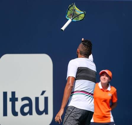 March 26, 2019: Nick Kyrgios, of Australia, shares his smashed racket with a fan, during a fourth round match against Borna Coric, of Croatia, at the 2019 Miami Open Presented by Itau professional tennis tournament, played at the Hardrock Stadium in Miami Gardens, Florida, USA. Coric won 4-6, 6-3, 6-2. CSM Tennis 2019: Miami Open Presented by Itau MAR 26 - ZUMAc04_ 20190326_zaf_c04_027 Copyright: xMarioxHoubenx