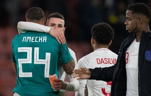 Club teammates Phil Foden (Manchester City) of England U21 U 21 & Lukas Nmecha (Preston North End (on loan from Manchester City) of Germany U21 during the International Friendly L?nderspiel match between England U21 and Germany U21 at the Goldsands Stadium, Bournemouth, England on 26 March 2019. Copyright: xAndyxRowlandx PMI-2706-0015