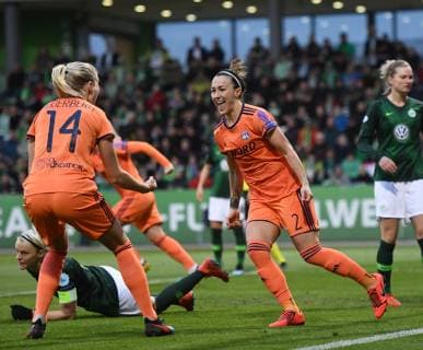 Jubilation after the goal to 0 1 Scorer Lucy Bronze LYO cheers with Ada Hegerberg 14 LYO Football UEFA Championsleague Season 2018 2019 Quarter-final return match VfL Wolfsburg Olympique Lyon in Wolfsburg Germany on 27 03 2019
