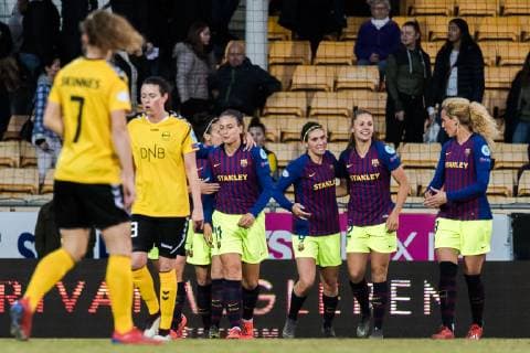 190327 Mariona Lieke Martens and Kheira Hamraoui of Barcelona celebrates after 0 1 during the UEFA Women s Champions League quarterfinal match between LSK Kvinner and Barcelona on March 27 2019 in Lillestrom Photo Jon Olav Nesvold BILDBYRAN kod JE 160436,  Copyright: JONxOLAVxNESVOLD BB190327JE003