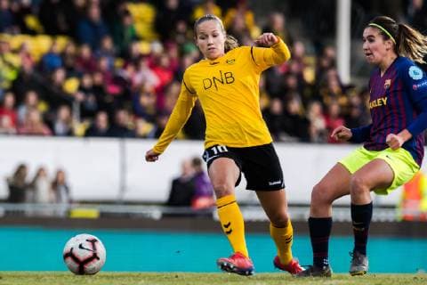 190327 Guro Reiten of LSK Women and Mariona of Barcelona during the UEFA Womens Champions League quarterfinal match between LSK Women and Barcelona on March 27 2019 in Lillestrom Photo Jon Olav Nesvold PICTURE CODE code JE 160436,  Copyright: JONxOLAVxNESVOLD BB190327JE006