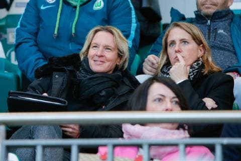 27 03 2019 xtgx Football UEFA Womens Champions League VfL Wolfsburg Olympique Lyon emspor v l national coach martina voss tecklenburg co coach britta carlson DFL DFB REGULATIONS PROHIBIT ANY USE OF PHOTOGRAPHS as IMAGE SEQUENCES and or QUASI VIDEO AOK Stadium