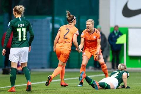27 03 2019 xtgx Football UEFA Women s Champions League VfL Wolfsburg Olympique Lyon emspor v l Lucy Bronze Olympique Lyon 2 Ada Hegerberg Olympique Lyon 14 Jubel Torjubel celebrelt über das Tor celebrate the goal celebration DFL DFB REGULATIONS PROHIBIT ANY USE OF PHOTOGRAPHS as IMAGE SEQUENCES and or QUASI VIDEO AOK Stadium