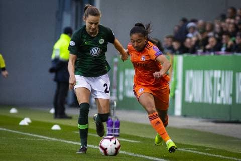 GER UWCL quarter finals VfL Wolfsburg vs Olympique Lyon 27 03 2019 AOK Stadium Wolfsburg GER UWCL quarter finals VfL Wolfsburg vs Olympique Lyon UEFA REGULATIONS PROHIBIT ANY USE OF PHOTOGRAPHS AS IMAGE SEQUENCES AND OR QUASI VIDEO picture shows Caroline Graham Hansen VfL Wolfsburg 26 in duel withSelma Bacha Lyon 4 nordphotox xRauch nph00251