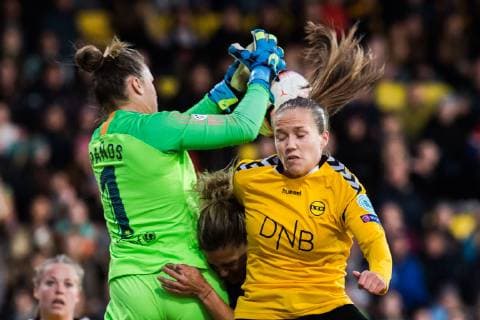 190327 Goalkeeper Sandra Panos of Barcelona and Guro Reiten of LSK Women during the UEFA Womens Champions League quarterfinal match between LSK Women and Barcelona on March 27 2019 in Lillestrom Photo Jon Olav Nesvold PICTURES code JE 160436,  Copyright: JONxOLAVxNESVOLD BB190327JE008