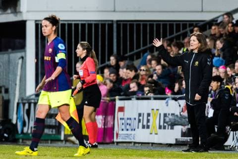 190327 Marta of Barcelona and Hege Riise head coach of LSK Women during the UEFA Womens Champions League quarterfinal match between LSK Women and Barcelona on March 27 2019 in Lillestrom Photo Jon Olav Nesvold BILDBYRAN code JE 160436,  Copyright: JONxOLAVxNESVOLD BB190327JE012
