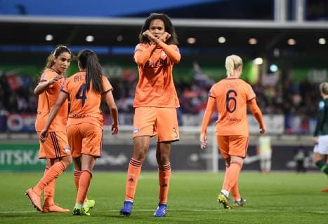 Jubilation after the goal to 0 2 Scorer Wendie Renard LYO cheers football UEFA Championsleague season 2018 2019 Quarter-final return match VfL Wolfsburg Olympique Lyon in Wolfsburg Germany on 27 03 2019