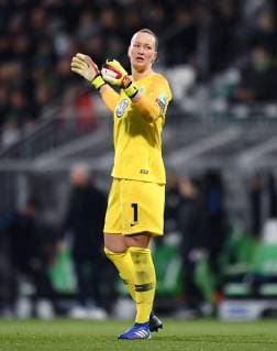 Goalkeeper Almuth Schult VfL with a questioning gesture Football UEFA Championsleague Season 2018 2019 Quarter-final return match VfL Wolfsburg Olympique Lyon in Wolfsburg Germany on 27 03 2019