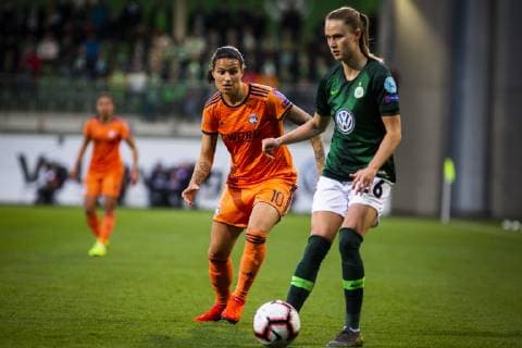 GER UWCL quarter finals VfL Wolfsburg vs Olympique Lyon 27 03 2019 AOK Stadium Wolfsburg GER UWCL quarter finals VfL Wolfsburg vs Olympique Lyon UEFA REGULATIONS PROHIBIT ANY USE OF PHOTOGRAPHS AS IMAGE SEQUENCES AND OR QUASI VIDEO picture shows Dzsenifer Marozsan Lyon 10 with Caroline Graham Hansen VfL Wolfsburg 26 nordphotox xRauch nph00251